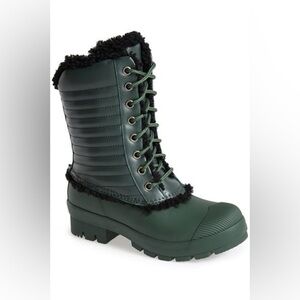 HUNTER ORIGINAL GENUINE SHEARLING & PATENT LEATHER LACE-UP RAIN BOOT Size 7